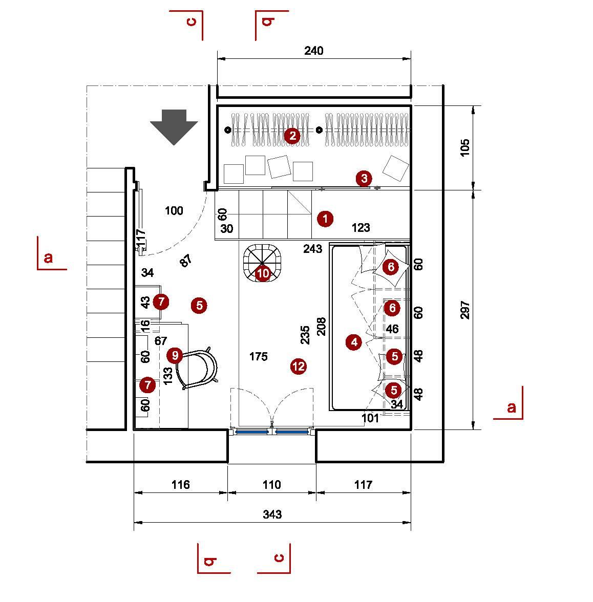 Progetti A e B legenda: 1 Libreria/contenitori e scala con parapetto di sicurezza in legno chiaro, su misura - 2 Tubi appendiabiti su misura - 3 Chiusura armadio a muro con ante scorrevoli in legno - 4 Letto/divano imbottito, con fascia laterale apribile e contenitori alla base BRAVO di Moretti Compact - 5 Pensile 34 cm di Moretti Compact - 6 Pensile, prof. 44 cm di Moretti Compact - 7 Composizione libreria, elementi pensili ed a colonna - 8 Armadio a due ante - 9 Scrivania e sedia - 10 Pouf Circus di Normann Copenhagen in velluto colorato 46,5 x 46,5 x H 40 cm - 11 Lampada a sospensione, in fibra di vetro e resina epossidica, bianca, 080 cm - Random Light di Moooi - 12  Tappeto Lupo di Benuta 170 x 230 cm - 13 Tappeto 170x230 cm - Tammi di Benuta  