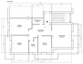 ricavare 3 camere doppie e 2 bagni pianta stato di fatto