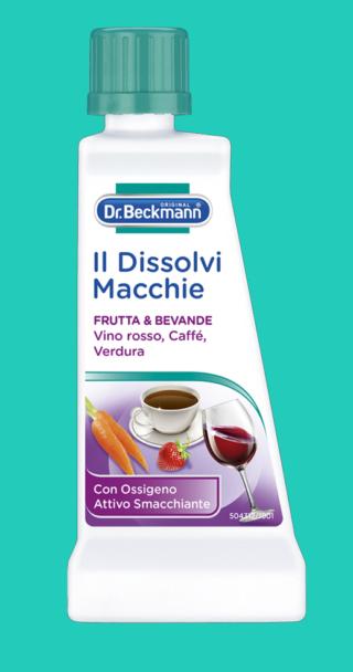 Il Dissolvi Macchie di Dr. Beckmann Rimuove in specifico le macchie di vino rosso, caffè, tè, frutta e verdura che le macchie derivanti da succhi di frutta, cacao e muffa. È a base di ossigeno attivo. Prezzo 3,89 euro. www.dr-beckmann.it Il Dissolvi Macchie di Dr. Beckmann Rimuove in specifico le macchie di vino rosso, caffè, tè, frutta e verdura che le macchie derivanti da succhi di frutta, cacao e muffa. È a base di ossigeno attivo. Prezzo 3,89 euro. www.dr-beckmann.it