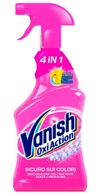 In formato spray, lo smacchiatore pretratttante Vanish Oxi Action Spray 4 in 1 rimuove le macchie in modo semplice e veloce. È sufficiente spruzzarlo sulla macchia e lasciarlo agire prima di lavare l’indumento a mano o in lavatrice. Da 725 ml, prezzo 5,69 euro. www.vanish.it In formato spray, lo smacchiatore pretratttante Vanish Oxi Action Spray 4 in 1 rimuove le macchie in modo semplice e veloce. È sufficiente spruzzarlo sulla macchia e lasciarlo agire prima di lavare l’indumento a mano o in lavatrice. Da 725 ml, prezzo 5,69 euro. www.vanish.it