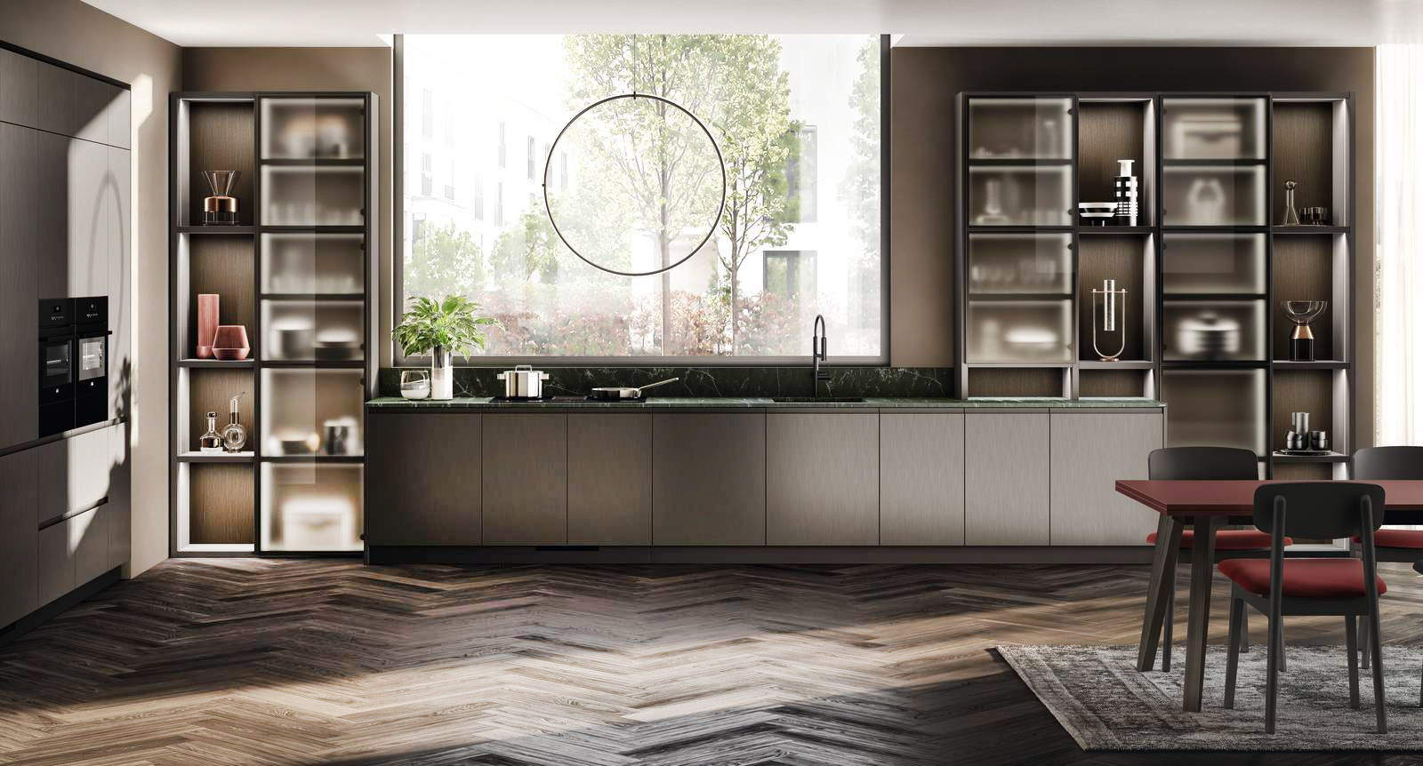 Una composizione lineare per la cucina Motus di Scavolini che si sviluppa sotto la grande finestra e che è “racchiusa” alle estremità da due vetrine, con vetro Fumé e lo schienale impiallacciato Rovere Grafite, che esaltano il concetto di tutto a vista. Le basi hanno le ante lisce nella finitura laccata con effetto metallo Acciaio Scuro; il top e l'alzatina sono realizzati in Quarz Verde Magnolia. Prezzo su richiesta. www.scavolini.com Una composizione lineare per la cucina Motus di Scavolini che si sviluppa sotto la grande finestra e che è “racchiusa” alle estremità da due vetrine, con vetro Fumé e lo schienale impiallacciato Rovere Grafite, che esaltano il concetto di tutto a vista. Le basi hanno le ante lisce nella finitura laccata con effetto metallo Acciaio Scuro; il top e l'alzatina sono realizzati in Quarz Verde Magnolia. Prezzo su richiesta. www.scavolini.com