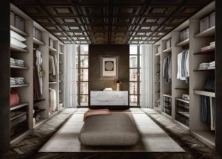 Elegante e raffinata la cabina armadio Outfit comp. 1181 di Lago che è estremamente personalizzabile. Ha gli schienali in rovere Fineline e i frontali dei cassetti, con apertura push-pull, in Xglass Sahara noir lucido. I numerosi ripiani sono realizzati in vetro fumé grigio. Misura L 625,5 x P 58,4 x H 265 cm. Prezzo su richiesta. www.lago.it