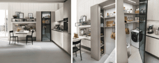 Nella cucina Infinity di Stosa Cucine in larice Bianco e pet Cachemere opaco, la cabina lavanderia è chiusa da un'anta con telaio nero spazzolato e vetro grigio semi-trasparente. È realizzata nelle versioni small (misura L 171,15 x P 67,1 x H 216 cm) e large (misura L 171,15 xP 133,85 x H 216 cm, ). Nella cucina Infinity di Stosa Cucine in larice Bianco e pet Cachemere opaco, la cabina lavanderia è chiusa da un'anta con telaio nero spazzolato e vetro grigio semi-trasparente. È realizzata nelle versioni small (misura L 171,15 x P 67,1 x H 216 cm) e large (misura L 171,15 xP 133,85 x H 216 cm, ).
