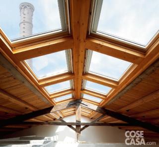 sottotetto, copertura a doppia falda in legno, sequenza di lucernari, capriata, vista sulla ciminiera sottotetto, copertura a doppia falda in legno, sequenza di lucernari, capriata, vista sulla ciminiera