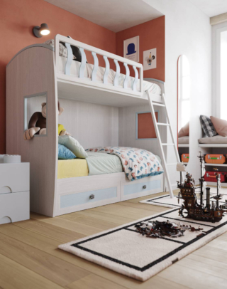Fa parte della Collezione Uno per tutti di Giessegi il letto a castello CM307 della linea Top con la struttura in nobilitato Cenere Wood e in laccato Cloud e Denim. Nella parte inferiore è presente una coppia di cassettoni che permette di sfruttare al meglio lo spazio. Misura L 203,6 x P 90,5 x H 176 cm. Prezzo su richiesta. www.giessegi.it