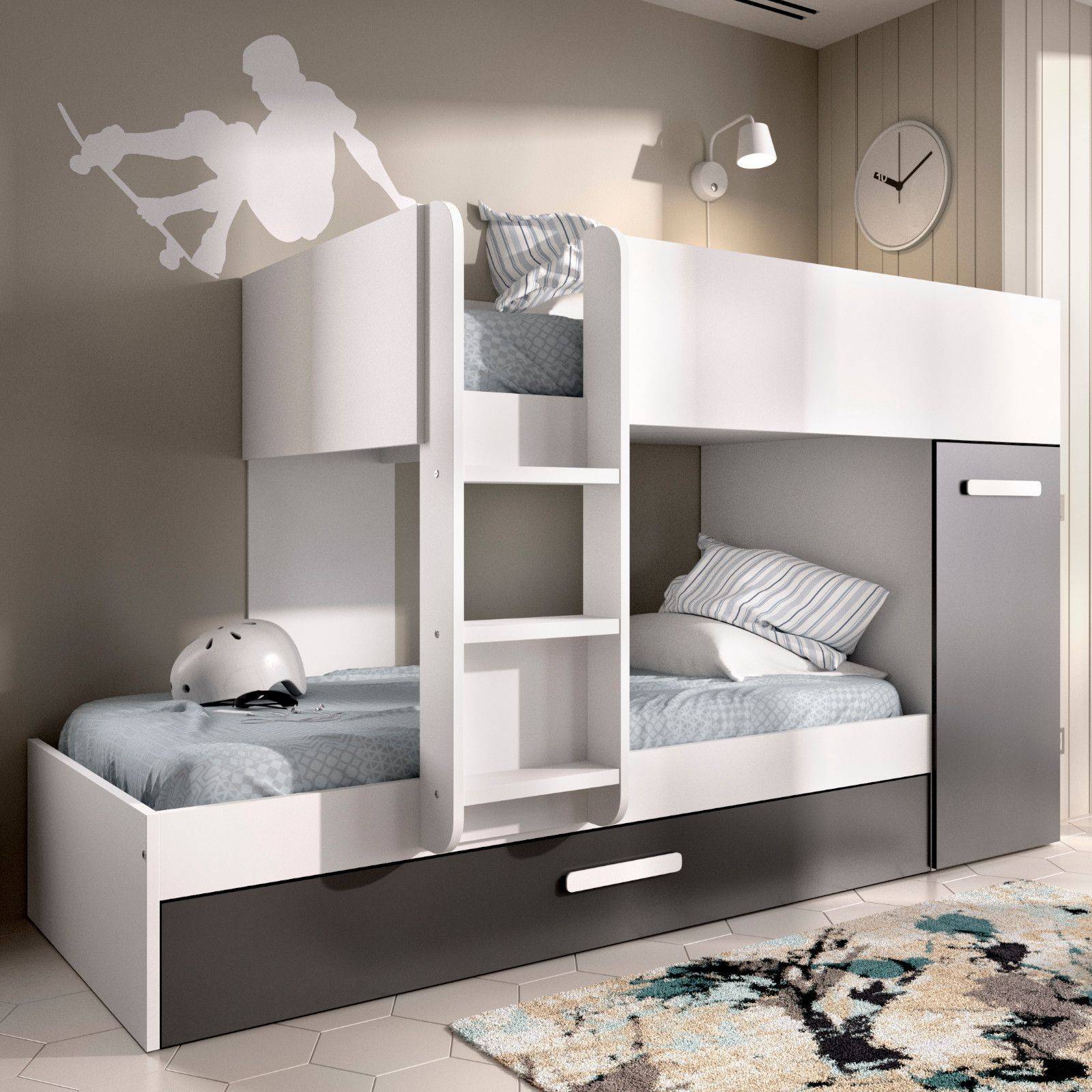 Il modello Starlight di Deghi, realizzato in legno MDF e fibra di legno nei colori bianco e grigio antracite, è dotato di due cassettoni nella parte inferiore e di un armadio chiuso da un' anta con maniglia in ABS bianco che ne aumentano la capacità di contenimento. È dotato di piedini antigraffio e antirumore e di una comoda scaletta. Misura L 244 x P 112 x H 150 cm. Prezzo 507 euro. www.deghi.it