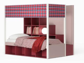 Una comoda scaletta posteriore che funge anche da scaffale, posizionata nella parte inferiore, per il modello Camelot di Nidi che è caratterizzato da una vivace colorazione nei toni del rosso. Le spondine laterali possono essere imbottite. Misura L 213 x P 135 x H 180,8 cm. Prezzo su richiesta. www.nidi.it