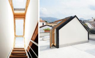 scala in legno, parapetto in ferro verniciato bianco, lucernari, terrazzo, abbaino scala in legno, parapetto in ferro verniciato bianco, lucernari, terrazzo, abbaino