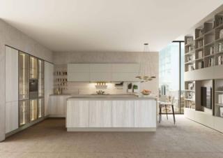 È impreziosita dalla presenza del piano snack in appoggio, realizzato pregiato marmo Calacatta, che unisce i due blocchi della nuova cucina Modula Line di Febal Casa. La grande isola centrale ha le basi con ante dotate di apertura a gola, nella finitura Noce bianco che armonizzano con quelle dei pensili a sviluppo orizzontale in PET  grigio seta e con la boiserie Omnia corredata di mensole e accessori. Le colonne vetrina Daily, dotate di illuminazione led verticale, permettono di contenere ed esporre stoviglie e oggetti. La libreria Trenta, posizionata sulla parete laterale, si sviluppa a tutta altezza e sfrutta al meglio lo spazio disponibile, integrando al suo interno anche un maxi schermo. Un modulo base da 60 cm con zoccolo, maniglia, top e alzatina prezzo a partire da 215,60 euro
www.febalcasa.com È impreziosita dalla presenza del piano snack in appoggio, realizzato pregiato marmo Calacatta, che unisce i due blocchi della nuova cucina Modula Line di Febal Casa. La grande isola centrale ha le basi con ante dotate di apertura a gola, nella finitura Noce bianco che armonizzano con quelle dei pensili a sviluppo orizzontale in PET  grigio seta e con la boiserie Omnia corredata di mensole e accessori. Le colonne vetrina Daily, dotate di illuminazione led verticale, permettono di contenere ed esporre stoviglie e oggetti. La libreria Trenta, posizionata sulla parete laterale, si sviluppa a tutta altezza e sfrutta al meglio lo spazio disponibile, integrando al suo interno anche un maxi schermo. Un modulo base da 60 cm con zoccolo, maniglia, top e alzatina prezzo a partire da 215,60 euro
www.febalcasa.com