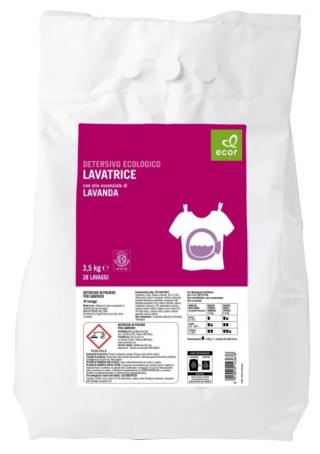 La confezione Ecor in vendita da Naturasì contiene detersivo in polvere per 38 lavaggi di bucato in lavatrice. Con olio essenziale di lavanda, contiene tensioattivi di origine vegetale. È certificato I.C.E.A. che garantisce prodotti sani e naturali, privi di sostanze chimiche dannose per l’uomo, gli animali e per l’ambiente. Da 3,5 kg, prezzo 13,50 euro. www.naturasi.it La confezione Ecor in vendita da Naturasì contiene detersivo in polvere per 38 lavaggi di bucato in lavatrice. Con olio essenziale di lavanda, contiene tensioattivi di origine vegetale. È certificato I.C.E.A. che garantisce prodotti sani e naturali, privi di sostanze chimiche dannose per l’uomo, gli animali e per l’ambiente. Da 3,5 kg, prezzo 13,50 euro. www.naturasi.it