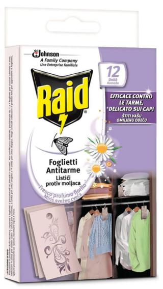 Raid Foglietti Antitarme protegge i capi delicatamente sia nei cassetti che negli armadi e ha principio attivo che funziona fino a 3 mesi, rilasciando una fresca fragranza floreale. Presidio Medico Chirurgico, non macchia neanche i capi delicati come cashmere e seta. 12 foglietti, 2,89 euro. www.raidonline.it Raid Foglietti Antitarme protegge i capi delicatamente sia nei cassetti che negli armadi e ha principio attivo che funziona fino a 3 mesi, rilasciando una fresca fragranza floreale. Presidio Medico Chirurgico, non macchia neanche i capi delicati come cashmere e seta. 12 foglietti, 2,89 euro. www.raidonline.it