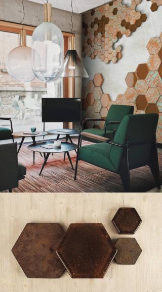In alto e a destra, due proposte che nascono dall'abbinamento di materiali naturali e antichissimi: terracotta e vetro. La prima è materica, solida, terrosa e opaca, il secondo è diafano, leggero, delicato e trasparente: si completano a vicenda e, sotto forma di esagono (in diverse misure, cromie e spessori), possono creare interni originali e accoglienti, suggerendo anche composizioni contemporanee e creative.
Della Coll. Exagon di Terreal (www.terreal.it), Corten (in alto) e Rosa del Deserto (a destra) abbinano formelle in terracotta prodotte e colorate a mano (con un coating superficiale che non ne snatura la struttura porosa, ma che la attualizza), a piastrelle in vetro retrocolorato. Prezzo di una confezione da 14 pezzi, 22,88 euro. In alto e a destra, due proposte che nascono dall'abbinamento di materiali naturali e antichissimi: terracotta e vetro. La prima è materica, solida, terrosa e opaca, il secondo è diafano, leggero, delicato e trasparente: si completano a vicenda e, sotto forma di esagono (in diverse misure, cromie e spessori), possono creare interni originali e accoglienti, suggerendo anche composizioni contemporanee e creative.
Della Coll. Exagon di Terreal (www.terreal.it), Corten (in alto) e Rosa del Deserto (a destra) abbinano formelle in terracotta prodotte e colorate a mano (con un coating superficiale che non ne snatura la struttura porosa, ma che la attualizza), a piastrelle in vetro retrocolorato. Prezzo di una confezione da 14 pezzi, 22,88 euro.