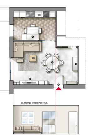 1 Ingresso 2 Cucina 3 Zona conversazione 4 Zona pranzo 5 Angolo tv 6 Mobile contenitore 1 Ingresso 2 Cucina 3 Zona conversazione 4 Zona pranzo 5 Angolo tv 6 Mobile contenitore
