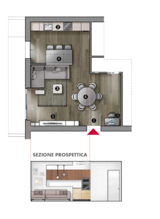 1 Ingresso 2 Cucina 3 Zona conversazione 4 Zona pranzo 5 Angolo tv 6 Angolo studio 1 Ingresso 2 Cucina 3 Zona conversazione 4 Zona pranzo 5 Angolo tv 6 Angolo studio