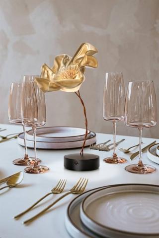 La batteria ricaricabile, con 60 ore di autonomia, permette di spostare dove si desidera la lampada da tavolo LaFleur Velvet di Slamp con i petali in Lentiflex® nella finitura dorata che la rende sofisticata. La base magnetica, dotata di un sistema di dimmerazione a sfioramento, garantisce la massima stabilità anche grazie alla presenza di un disco di metallo, da posizionare sotto la tovaglia, che permette di trasformarla in un romantico centrotavola. Misura Ø 15 x H 26 cm. Prezzo 317 euro. www.slamp.it La batteria ricaricabile, con 60 ore di autonomia, permette di spostare dove si desidera la lampada da tavolo LaFleur Velvet di Slamp con i petali in Lentiflex® nella finitura dorata che la rende sofisticata. La base magnetica, dotata di un sistema di dimmerazione a sfioramento, garantisce la massima stabilità anche grazie alla presenza di un disco di metallo, da posizionare sotto la tovaglia, che permette di trasformarla in un romantico centrotavola. Misura Ø 15 x H 26 cm. Prezzo 317 euro. www.slamp.it