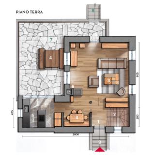 1 Ingresso  2 Scala  3 Soggiorno  4 Zona pranzo  5 Cucina 6 Camino  7 Terrazzo  8 Scala esterna