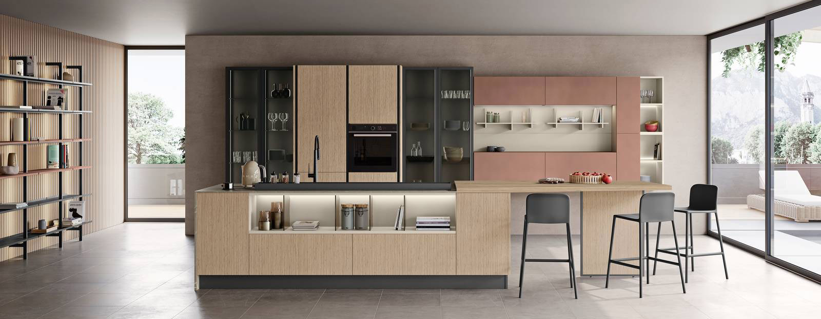 Stile moderno per la grande cucina Tablet 05 di CREO Kitchens che si sviluppa intorno alla lunga isola centrale che ha le basi con le ante lisce in melaminico bamboo nativo, come quelle delle colonne, e una serie di vani a giorno; il piano snack ha un'insolita forma trapezoidale. I pensili orizzontali sono in melaminico pietra Fulvus. Un modulo base da 60 cm senza top, prezzo 288 euro + IVA. www.creokitchens.it Stile moderno per la grande cucina Tablet 05 di CREO Kitchens che si sviluppa intorno alla lunga isola centrale che ha le basi con le ante lisce in melaminico bamboo nativo, come quelle delle colonne, e una serie di vani a giorno; il piano snack ha un'insolita forma trapezoidale. I pensili orizzontali sono in melaminico pietra Fulvus. Un modulo base da 60 cm senza top, prezzo 288 euro + IVA. www.creokitchens.it