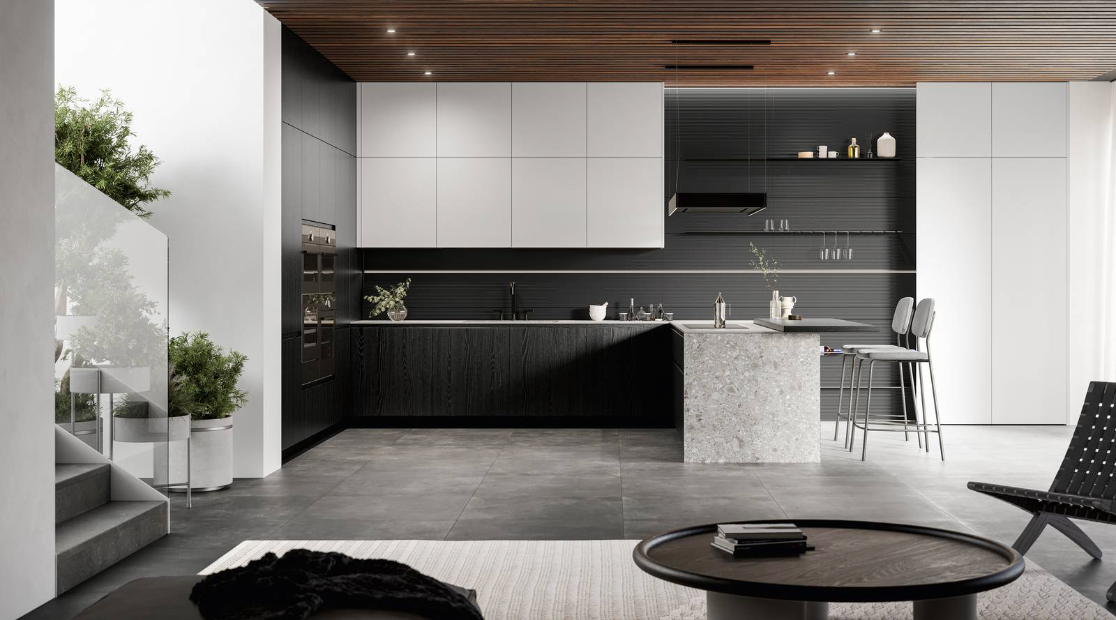 Effetto optical per la cucina Wega di Arredo3 che è caratterizzata dalle basi con ante lisce e senza maniglie in laminato rovere fumé e dai pensili a tutta altezza con le ante lisce nella finitura Kali Suez. La boiserie in vetro cannettato opaco nero è completata da mensole, porta calici e illuminazione integrata nei profili. La penisola in materico Infinity Milan Stone ha una forma compatta e squadrata ed è dotata di un piano snack in laminato rovere fumé. Prezzo su richiesta. www.arredo3.it Effetto optical per la cucina Wega di Arredo3 che è caratterizzata dalle basi con ante lisce e senza maniglie in laminato rovere fumé e dai pensili a tutta altezza con le ante lisce nella finitura Kali Suez. La boiserie in vetro cannettato opaco nero è completata da mensole, porta calici e illuminazione integrata nei profili. La penisola in materico Infinity Milan Stone ha una forma compatta e squadrata ed è dotata di un piano snack in laminato rovere fumé. Prezzo su richiesta. www.arredo3.it