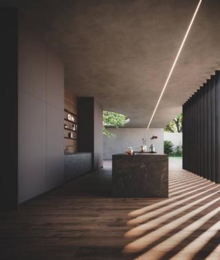 La cucina D23+ Aspen di Doimo Cucine si sviluppa intorno all'isola che ha le basi Aspen MDi Umbra con il top abbinato. Le colonne, con le ante rientranti e non in Fenix NTN Cacao Orinoco, sono interrotte dalla boiserie in Tecnolam Noce Cannella come il piano snack. La gola in alluminio nero completa le ante lisce e crea una continuità con lo zoccolo. La composizione ha una colorazione “calda” e raffinata, le superfici sono piacevolmente tattili. www.doimocucine.com