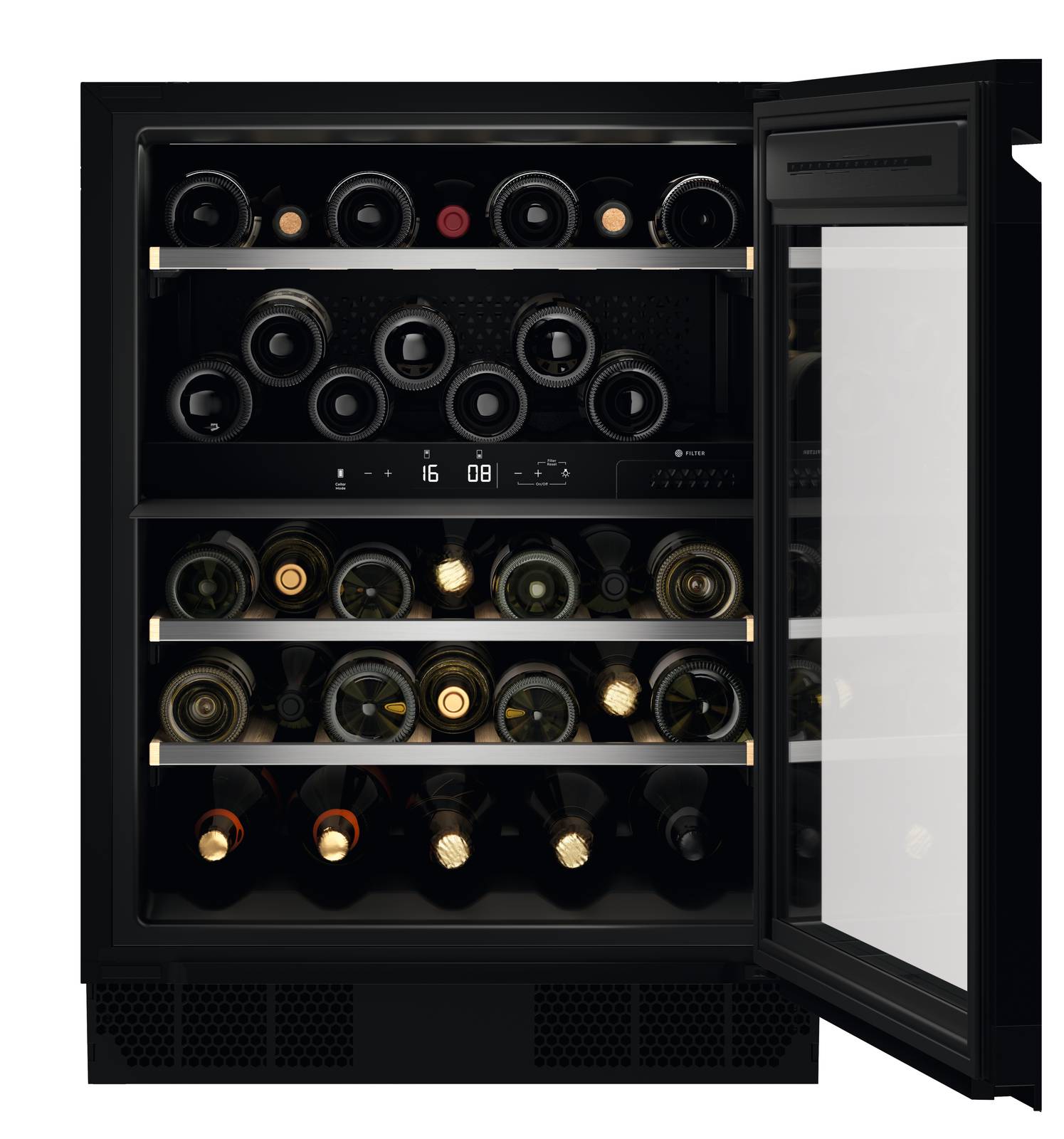 Grazie al Dual-Zone Pro, nella cantinetta vino EWUD040B8B Serie 800 di Electrolux è possibile impostare due diverse zone con differenti temperature: da 6-12 °C per i bianchi e da 14-18 °C per i rossi. I ripiani in legno estensibili sono progettati con una spaziatura ottimale per riporre tutte le bottiglie da 750 ml, il sistema di illuminazione Top LED consente di leggere facilmente le etichette. In classe F, è capiente 122 litri. Misura L 59,5 x P 57 x H 82 cm. www.electrolux.it Grazie al Dual-Zone Pro, nella cantinetta vino EWUD040B8B Serie 800 di Electrolux è possibile impostare due diverse zone con differenti temperature: da 6-12 °C per i bianchi e da 14-18 °C per i rossi. I ripiani in legno estensibili sono progettati con una spaziatura ottimale per riporre tutte le bottiglie da 750 ml, il sistema di illuminazione Top LED consente di leggere facilmente le etichette. In classe F, è capiente 122 litri. Misura L 59,5 x P 57 x H 82 cm. www.electrolux.it