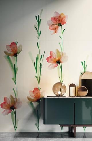 Il decoro Fleur della collezione Wonderwall di Cotto d'Este è un pannello modulare composto da 4 lastre componibili a piacere. In gres porcellanato, misurano 50 x 100 cm e hanno uno spessore di 3,5 mm. Prezzo su richiesta. www.cottodeste.it