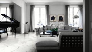 Le classiche venature dei marmi di pregio ispirano la serie di piastrelle Extra di Ascot, in gres porcellanato a impasto colorato, qui nella variante Calacatta Vagli Glossy, formato 60 x 120 cm (9,5 mm). Prezzo da rivenditore. ascot.it