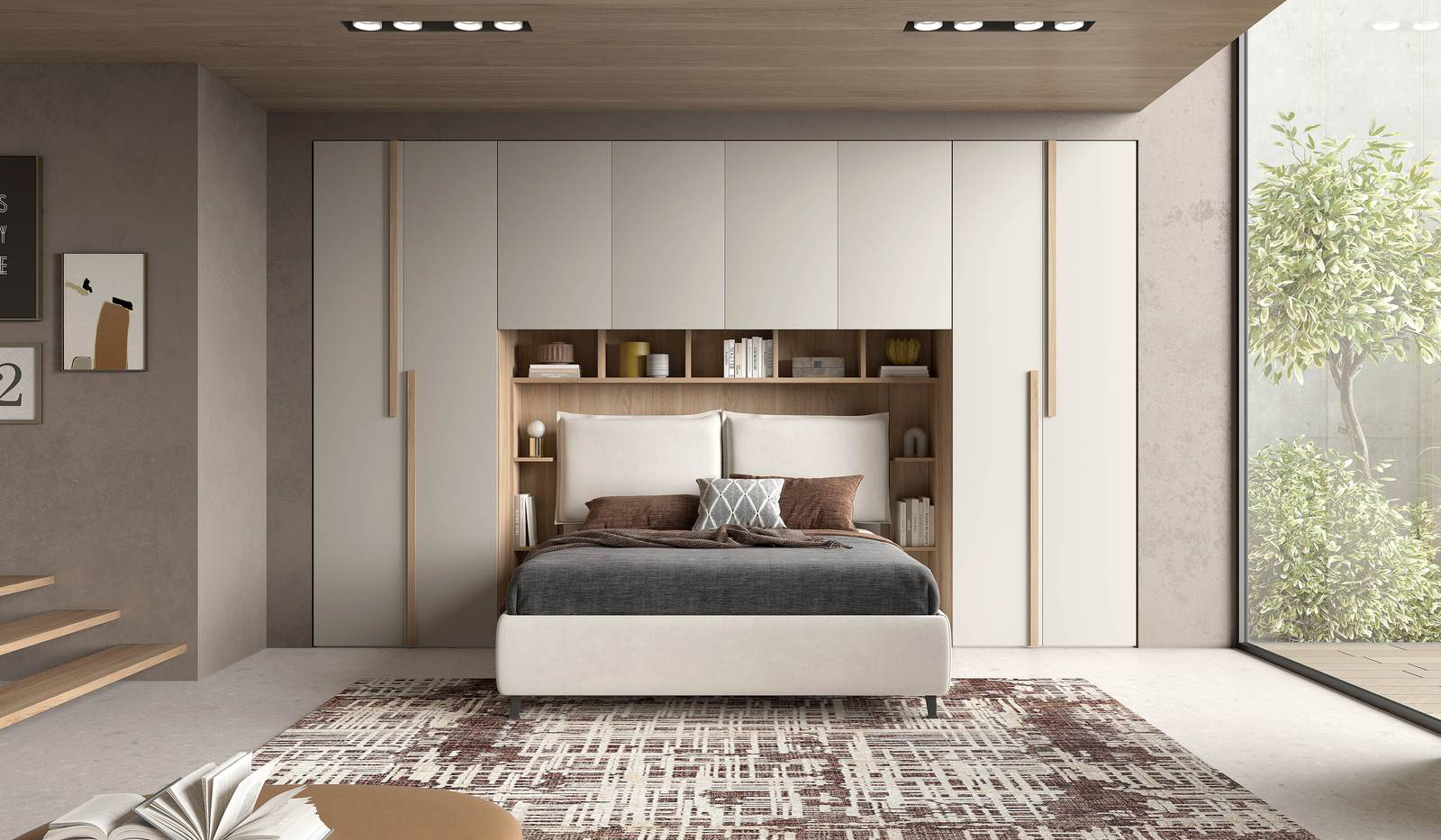 Tonalità tenui per il capiente armadio maxi a ponte di Felver Casa che è composto da colonne da 90 cm con le ante a battente nella finitura canapa, distribuite simmetricamente ai lati del letto; le maniglie a mezza altezza, nella stessa finitura effetto noce della struttura, sono state montate in modo da trasformarsi in un elemento decorativo. Sottoponte sono presenti una serie di mensole coordinate con quelle laterali che fungono da comodino. Misura L 402 x P 58 x H 247 cm. Prezzo 1.408 euro (mensole escluse). www.felver.it Tonalità tenui per il capiente armadio maxi a ponte di Felver Casa che è composto da colonne da 90 cm con le ante a battente nella finitura canapa, distribuite simmetricamente ai lati del letto; le maniglie a mezza altezza, nella stessa finitura effetto noce della struttura, sono state montate in modo da trasformarsi in un elemento decorativo. Sottoponte sono presenti una serie di mensole coordinate con quelle laterali che fungono da comodino. Misura L 402 x P 58 x H 247 cm. Prezzo 1.408 euro (mensole escluse). www.felver.it