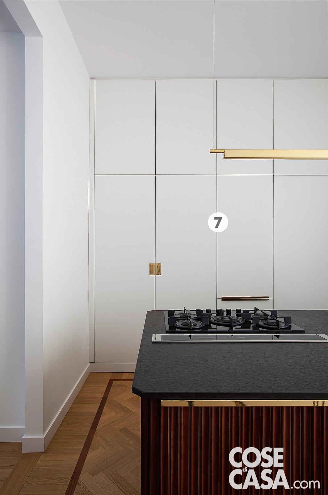 Armadiatura filomuro bianca alle spalle dell'isola in cucina Armadiatura filomuro bianca alle spalle dell'isola in cucina