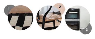1. Il tappeto: il motivo black/white è rafforzato dal decoro optical a losanghe.2. Le sedute: il nero opaco in legno curvato soft-touch si sposa bene con la corda naturale.3. La cucina: vincente il binomio elettrodomestici nero e acciaio-mobili laccato bianco. 1. Il tappeto: il motivo black/white è rafforzato dal decoro optical a losanghe.2. Le sedute: il nero opaco in legno curvato soft-touch si sposa bene con la corda naturale.3. La cucina: vincente il binomio elettrodomestici nero e acciaio-mobili laccato bianco.