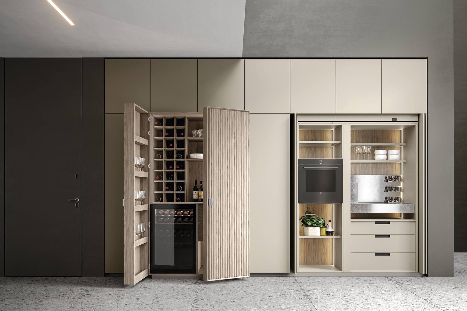 Fa parte della collezione Eclettica di Scandola Mobili che ha gli arredi realizzati in legno massello  di faggio con i frontali e i fianchi Canneté in rovere nella finitura Sand. Il grande armadio dispensa, con le ante Iride laccato Sahara e Canneté, cela al suo interno una cantinetta per i vini, una serie di vani porta oggetti, il forno e una comoda zona di preparazione attrezzata. Un modulo base da 60 cm, prezzo 684 euro + IVA. www.scandolamobili.it Fa parte della collezione Eclettica di Scandola Mobili che ha gli arredi realizzati in legno massello  di faggio con i frontali e i fianchi Canneté in rovere nella finitura Sand. Il grande armadio dispensa, con le ante Iride laccato Sahara e Canneté, cela al suo interno una cantinetta per i vini, una serie di vani porta oggetti, il forno e una comoda zona di preparazione attrezzata. Un modulo base da 60 cm, prezzo 684 euro + IVA. www.scandolamobili.it