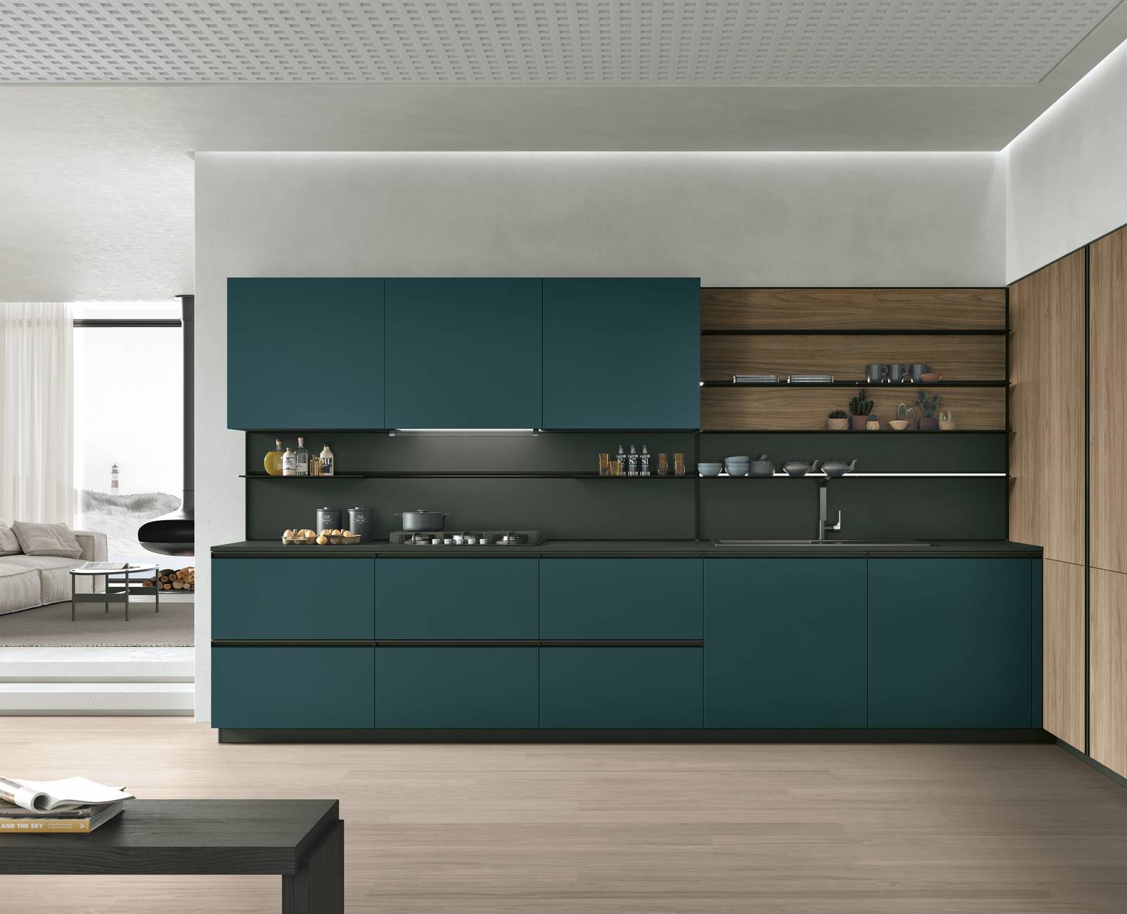 Dà vita ad un'atmosfera fresca la cucina Metropolis di Stosa che ha le ante delle basi e dei pensili  in Fenix Blu Shaba che crea un raffinato contrasto con il Noce Eucalipto di quelle delle colonne che “vestono” la parete e incorniciano il tavolo e le vetrine per le stoviglie. Le maniglie nere Linear scandiscono la superficie; la boiserie in Fenix Nero Ingo con mensole in metallo permette di sfuttare lo spazio fra il piano e i pensili. Un modulo base da 60 cm, prezzo a partire da 219 euro + IVA. www.stosacucine.com Dà vita ad un'atmosfera fresca la cucina Metropolis di Stosa che ha le ante delle basi e dei pensili  in Fenix Blu Shaba che crea un raffinato contrasto con il Noce Eucalipto di quelle delle colonne che “vestono” la parete e incorniciano il tavolo e le vetrine per le stoviglie. Le maniglie nere Linear scandiscono la superficie; la boiserie in Fenix Nero Ingo con mensole in metallo permette di sfuttare lo spazio fra il piano e i pensili. Un modulo base da 60 cm, prezzo a partire da 219 euro + IVA. www.stosacucine.com