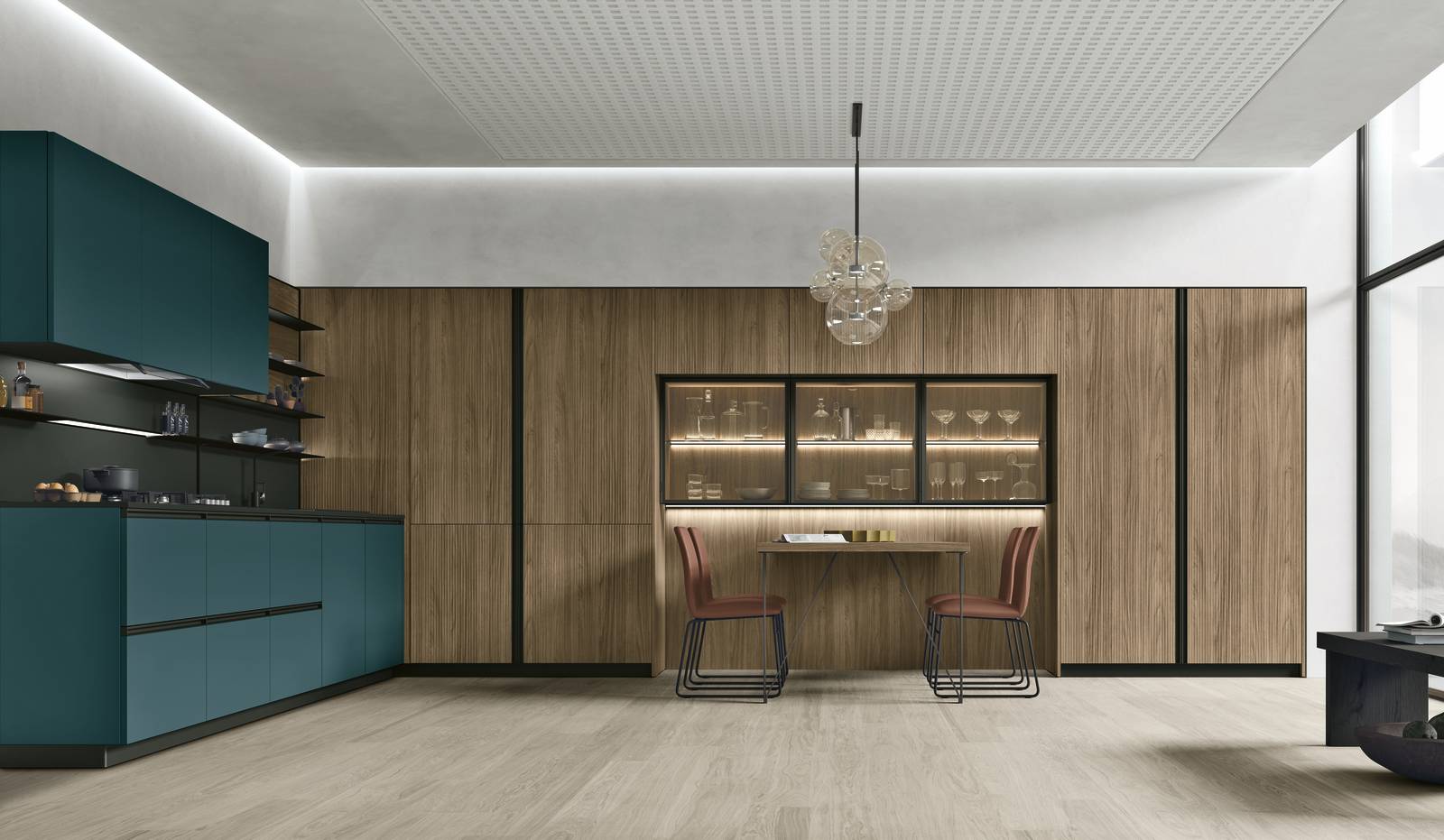 Dà vita ad un'atmosfera fresca la cucina Metropolis di Stosa che ha le ante delle basi e dei pensili  in Fenix Blu Shaba che crea un raffinato contrasto con il Noce Eucalipto di quelle delle colonne che “vestono” la parete e incorniciano il tavolo e le vetrine per le stoviglie. Le maniglie nere Linear scandiscono la superficie; la boiserie in Fenix Nero Ingo con mensole in metallo permette di sfuttare lo spazio fra il piano e i pensili. Un modulo base da 60 cm, prezzo a partire da 219 euro + IVA. www.stosacucine.com Dà vita ad un'atmosfera fresca la cucina Metropolis di Stosa che ha le ante delle basi e dei pensili  in Fenix Blu Shaba che crea un raffinato contrasto con il Noce Eucalipto di quelle delle colonne che “vestono” la parete e incorniciano il tavolo e le vetrine per le stoviglie. Le maniglie nere Linear scandiscono la superficie; la boiserie in Fenix Nero Ingo con mensole in metallo permette di sfuttare lo spazio fra il piano e i pensili. Un modulo base da 60 cm, prezzo a partire da 219 euro + IVA. www.stosacucine.com