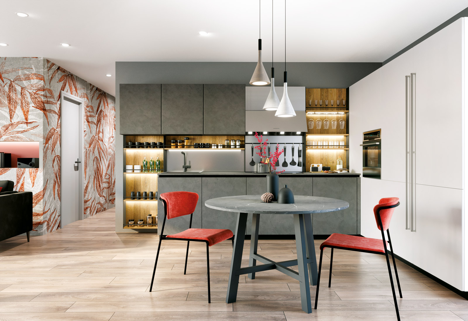 La cucina ad angolo Pratica 01 di La Casa Moderna è caratterizzata dalla presenza delle colonne in PET seta, con maniglioni in acciaio, delle basi e dei pensili in nobilitato grigio con apertura a gola. La boiserie attrezzata Vertigo, dotata di schienali in nobilitato effetto legno chiaro e di struttura in metallo, permette di avere  bicchieri e accessori in bella vista e sempre a portata di mano. Un modulo base da 60 cm con un'anta, apertura con gola, zoccolo, prezzo a partire da 295 euro. www.lacasamoderna.com La cucina ad angolo Pratica 01 di La Casa Moderna è caratterizzata dalla presenza delle colonne in PET seta, con maniglioni in acciaio, delle basi e dei pensili in nobilitato grigio con apertura a gola. La boiserie attrezzata Vertigo, dotata di schienali in nobilitato effetto legno chiaro e di struttura in metallo, permette di avere  bicchieri e accessori in bella vista e sempre a portata di mano. Un modulo base da 60 cm con un'anta, apertura con gola, zoccolo, prezzo a partire da 295 euro. www.lacasamoderna.com