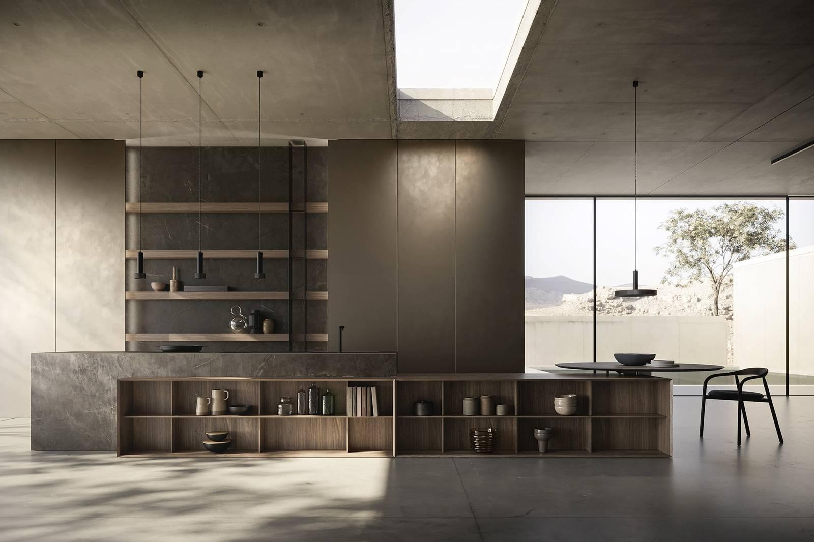 La cucina Skill Gres – Blade di Modulnova ha un design minimale e ricercato. Le finiture effetto pietra armonizzano con il legno e i dettagli in metallo. L’isola Skill Gres, nella nuova finitura Gres Gold Brown, trova posto al centro della composizione ed è dotata lateralmente del tavolo rotondo Blade in gres; le colonne a tutta altezza, che ampliano le funzioni di contenimento, hanno i frontali in metallo Brass Dust. Il mobile Infinity  in Noce Milano raw è dotato di aperture a giorno, che permettono di esporre stoviglie e oggetti, e funge da elemento di connessione con il living. Prezzo su richiesta. http://www.modulnova.it La cucina Skill Gres – Blade di Modulnova ha un design minimale e ricercato. Le finiture effetto pietra armonizzano con il legno e i dettagli in metallo. L’isola Skill Gres, nella nuova finitura Gres Gold Brown, trova posto al centro della composizione ed è dotata lateralmente del tavolo rotondo Blade in gres; le colonne a tutta altezza, che ampliano le funzioni di contenimento, hanno i frontali in metallo Brass Dust. Il mobile Infinity  in Noce Milano raw è dotato di aperture a giorno, che permettono di esporre stoviglie e oggetti, e funge da elemento di connessione con il living. Prezzo su richiesta. http://www.modulnova.it