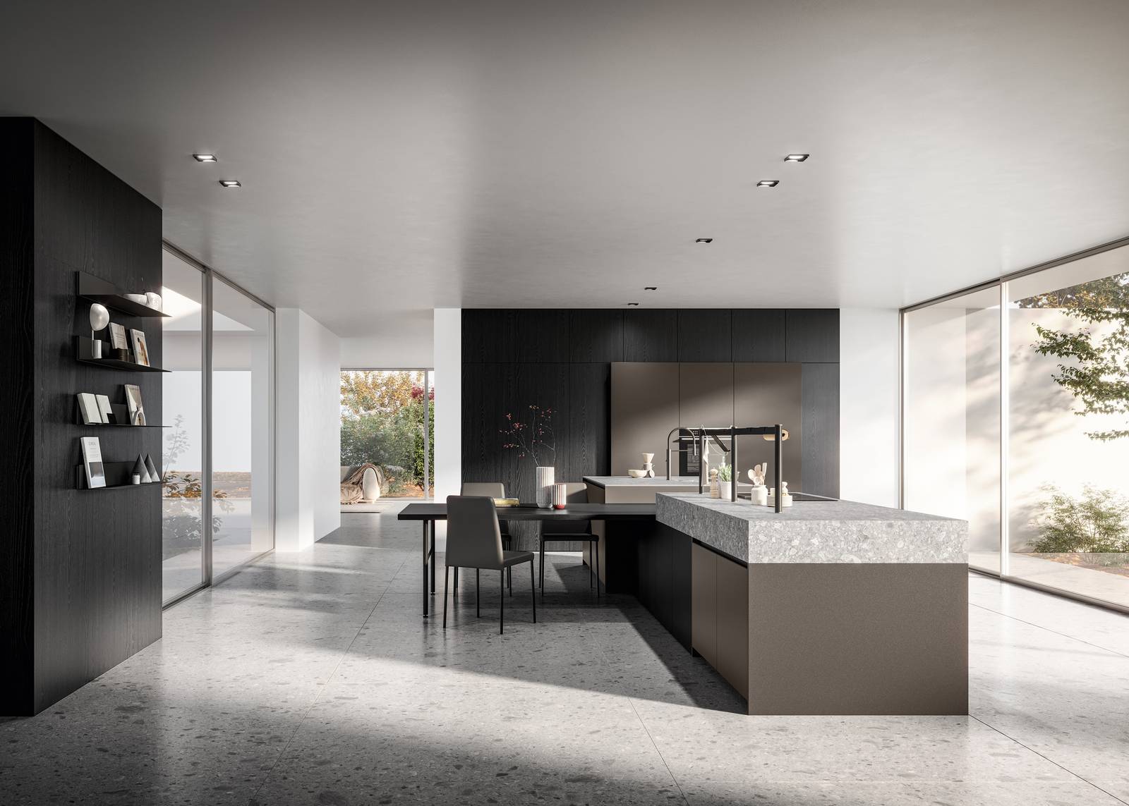 La composizione Kalì di Arredo3 è una proposta di cucina in total black. Le grandi vetrate illuminano l’alternarsi di volumi diversi come il blocco a forte spessore dell’area cottura, contrapposto al top sottile della zona lavaggio e alle mensole metalliche Air dal disegno minimalista, fissate alla parete. Per quanto riguarda i materiali: basi e colonne in Fenix bronzo Doha, colonne, basi retro isola e piano snack in laminato rovere fumé, top in Infinity Milan Stone, zoccoli, gola, maniglia a L e ponte Tuttotondo in alluminio nero. Tutto progettato e creato da Arredo3. Prezzo su preventivo. www.arredo3.it La composizione Kalì di Arredo3 è una proposta di cucina in total black. Le grandi vetrate illuminano l’alternarsi di volumi diversi come il blocco a forte spessore dell’area cottura, contrapposto al top sottile della zona lavaggio e alle mensole metalliche Air dal disegno minimalista, fissate alla parete. Per quanto riguarda i materiali: basi e colonne in Fenix bronzo Doha, colonne, basi retro isola e piano snack in laminato rovere fumé, top in Infinity Milan Stone, zoccoli, gola, maniglia a L e ponte Tuttotondo in alluminio nero. Tutto progettato e creato da Arredo3. Prezzo su preventivo. www.arredo3.it