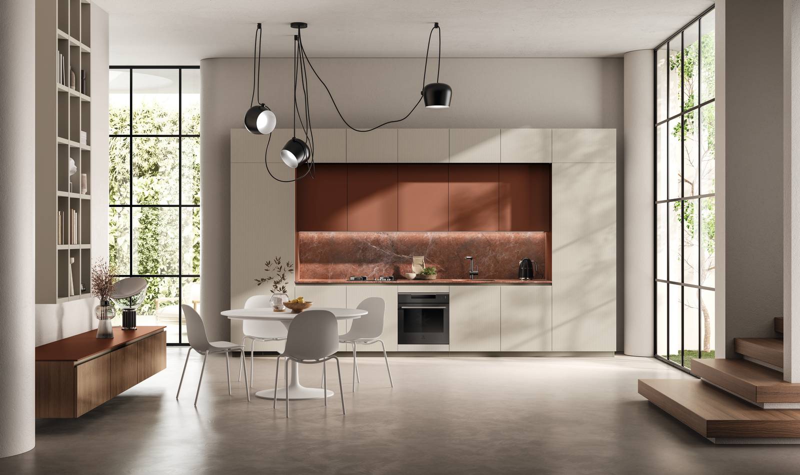 La cucina Mira di Scavolini, design Vuesse è una composizione lineare che presenta due diverse finiture e colori per le ante: laccato dogato opaco Tortora e laccato opaco Ruggine. In tinta con questo il piano cucina in Quarzite Brown Chocolate (Sp.2 cm); profilo maniglia e gola Flat sono in finitura Titanio. Prezzo su preventivo. www.scavolini.com La cucina Mira di Scavolini, design Vuesse è una composizione lineare che presenta due diverse finiture e colori per le ante: laccato dogato opaco Tortora e laccato opaco Ruggine. In tinta con questo il piano cucina in Quarzite Brown Chocolate (Sp.2 cm); profilo maniglia e gola Flat sono in finitura Titanio. Prezzo su preventivo. www.scavolini.com