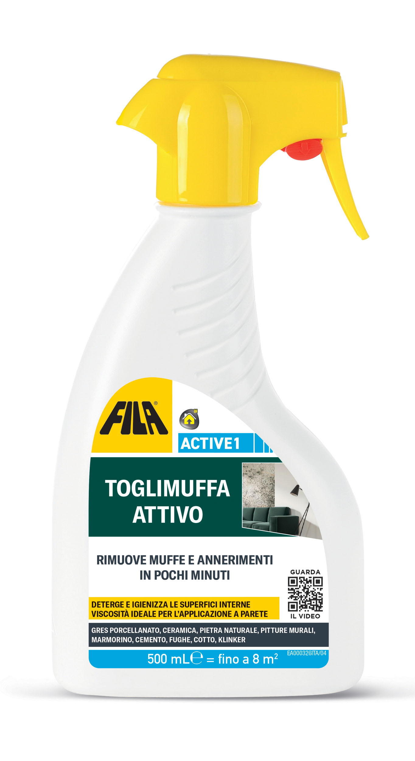 Il Toglimuffa Attivo ACTIVE1 di FILA Solutions rimuove la muffa e sanifica superfici in intonaco, ceramica, gres porcellanato, pietra naturale, cemento e cotto. Va spruzzato sull’area interessata dalla muffa e lasciato agire per circa 15 minuti, per poi tamponare con un panno umido un eventuale eccesso di prodotto per evitare possibili gocciolature, quindi va risciacquato con una spugna umida. http://www.filasolutions.com Il Toglimuffa Attivo ACTIVE1 di FILA Solutions rimuove la muffa e sanifica superfici in intonaco, ceramica, gres porcellanato, pietra naturale, cemento e cotto. Va spruzzato sull’area interessata dalla muffa e lasciato agire per circa 15 minuti, per poi tamponare con un panno umido un eventuale eccesso di prodotto per evitare possibili gocciolature, quindi va risciacquato con una spugna umida. http://www.filasolutions.com