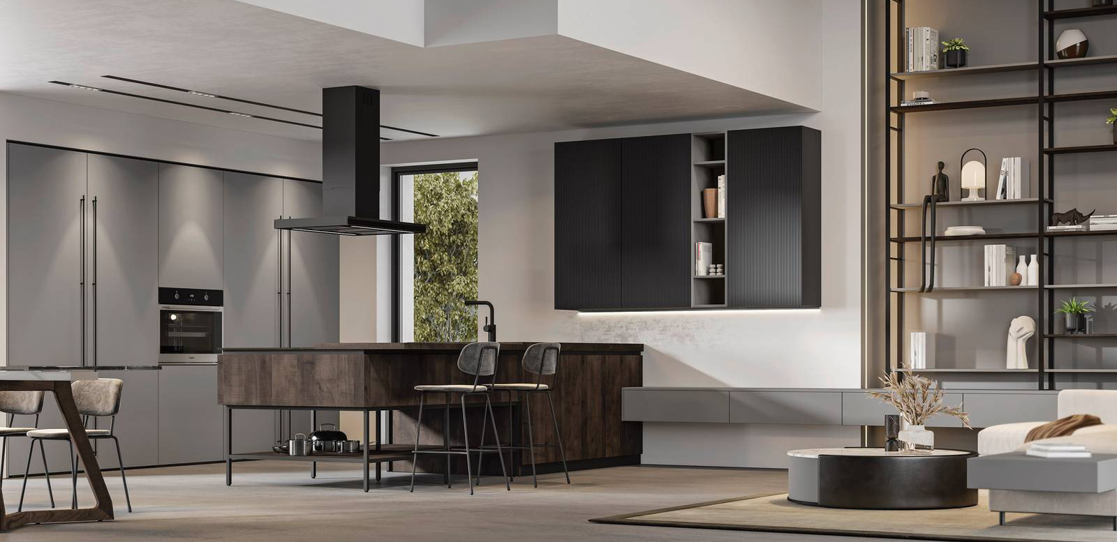 Si integra perfettamente nella zona giorno la cucina Loft 2.2 di Arrex composta da moduli progettati per garantire la massima funzionalità. La penisola ha le basi nella finitura Style Table Coffee effetto legno scuro; le colonne che compongono l'armadiatura a parete hanno le ante lisce in Supermatt Selenio, La libreria a giorno raccorda visivamente lo spazio dando vita ad una continuità di materiali e colori. Un modulo base da 60 cm, prezzo 137 euro + IVA. www.arrex.it Si integra perfettamente nella zona giorno la cucina Loft 2.2 di Arrex composta da moduli progettati per garantire la massima funzionalità. La penisola ha le basi nella finitura Style Table Coffee effetto legno scuro; le colonne che compongono l'armadiatura a parete hanno le ante lisce in Supermatt Selenio, La libreria a giorno raccorda visivamente lo spazio dando vita ad una continuità di materiali e colori. Un modulo base da 60 cm, prezzo 137 euro + IVA. www.arrex.it