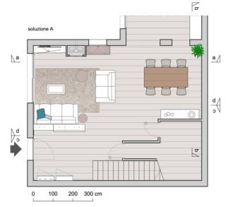 planimetria arredata con divano e libreria schermano ingresso pianta soluzione A planimetria arredata con divano e libreria schermano ingresso pianta soluzione A