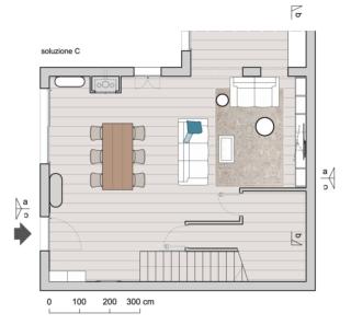 planimetria arredata con ingresso aperto e zona pranzo soluzione C planimetria arredata con ingresso aperto e zona pranzo soluzione C