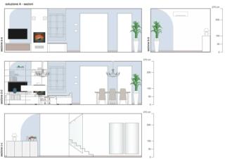 prospetto sezioni divano e libreria schermano ingresso pianta soluzione A prospetto sezioni divano e libreria schermano ingresso pianta soluzione A
