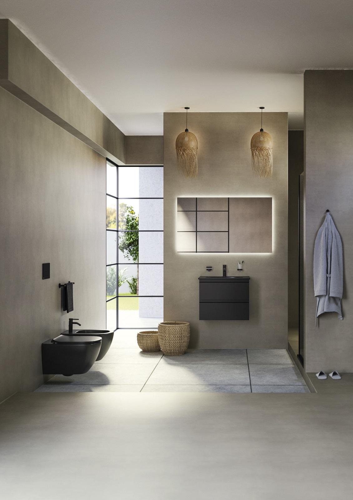 Set accessori bagno moderno in finitura nera opaca con dettagli in bambù