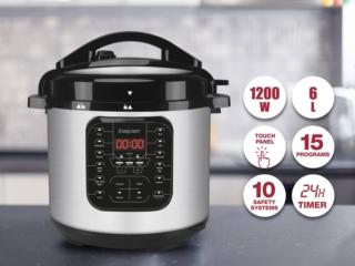 Multifunzione, la pentola a pressione multicooker di Beper ha15 programmi preimpostati e pannello di controllo smart con display a LED, facile e intuitivo da usare. Con potenza di 1.200 watt, ha timer da 24 ore per programmare l’avvio posticipato e il tempo di cottura. Il recipiente è capiente 6 litri. Misura L 29 x P 30 x H 34 cm. Prezzo 139,90 euro. www.beper.com