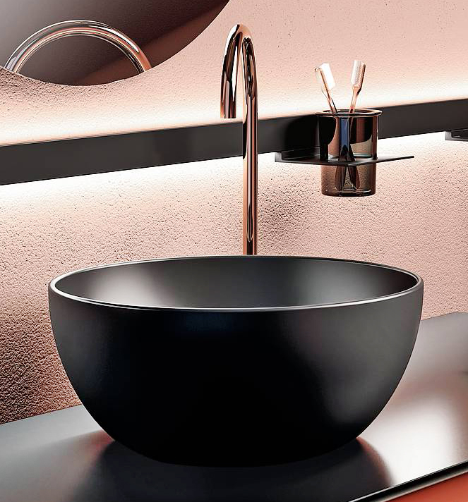 Fa parte della collezione arredo bagno Lido di Scavolini la composizione con mobile sospeso in laccato Rosso Marocco, piano in vetro opaco Nero Ardesia con lavabo in appoggio Home in ceramica colore Nero opaco. Misura Ø 40 cm. Prezzo da rivenditore. www.scavolini.com Fa parte della collezione arredo bagno Lido di Scavolini la composizione con mobile sospeso in laccato Rosso Marocco, piano in vetro opaco Nero Ardesia con lavabo in appoggio Home in ceramica colore Nero opaco. Misura Ø 40 cm. Prezzo da rivenditore. www.scavolini.com