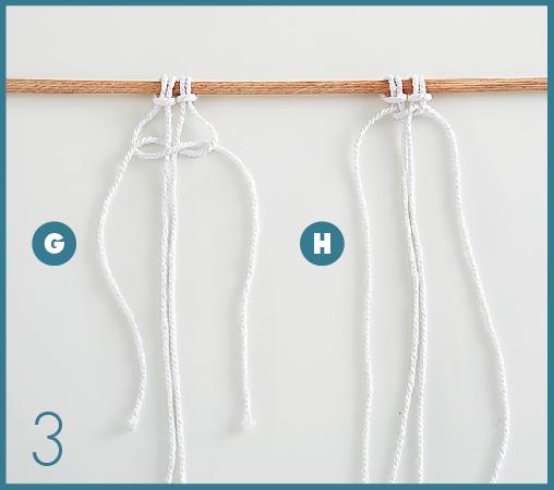 Stringere leggermente i due annodatori laterali fino a creare un primo nodo (g) che andrà spinto con le dita verso l’alto, fino a raggiungere il cappio (h). In alternativa, stringere a pochi centimetri dal cappio stesso per avere un nodo più morbido e inizare il decoro a pochi centimetri dal bordo. Stringere leggermente i due annodatori laterali fino a creare un primo nodo (g) che andrà spinto con le dita verso l’alto, fino a raggiungere il cappio (h). In alternativa, stringere a pochi centimetri dal cappio stesso per avere un nodo più morbido e inizare il decoro a pochi centimetri dal bordo.