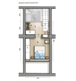 1 Scala 2 Nicchia 3 Anticamera   4 Stender
5 Armadio 6 Camera  7 Armadio