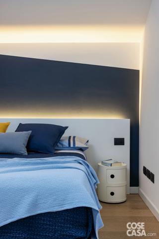 camera matrimoniale nel sottotetto, dettaglio, letto, coordinato tessile blu e azzurro, cuscini tinta unita, parete blu con triangolo bianco, comodino contenitore rotondo, luci a led, pavimento in parquet camera matrimoniale nel sottotetto, dettaglio, letto, coordinato tessile blu e azzurro, cuscini tinta unita, parete blu con triangolo bianco, comodino contenitore rotondo, luci a led, pavimento in parquet