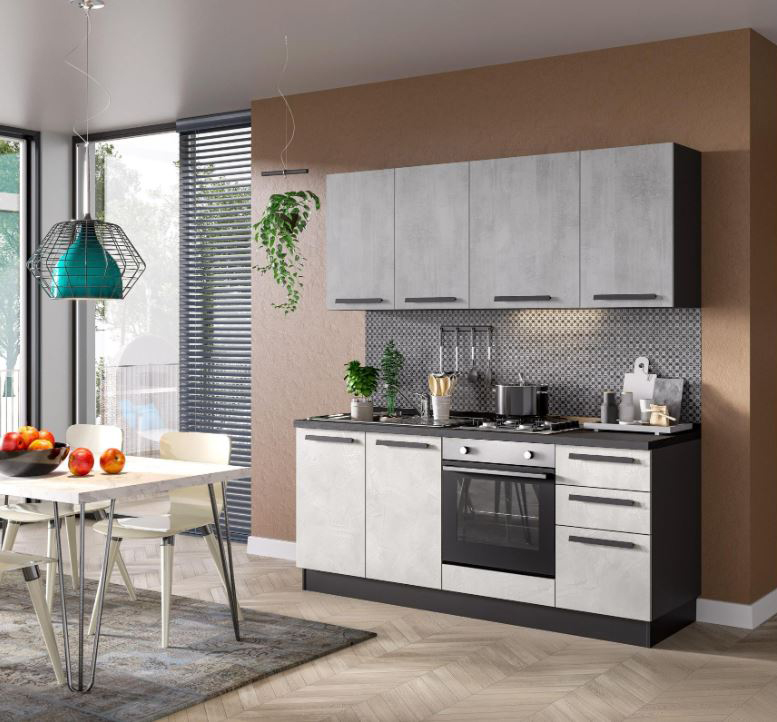 Piccola e compatta la cucina montata Amber (Ref. 87545683) in vendita da Leroy Merlin: le ante sono in resistente melaminico anti impronta effetto spatolato chiaro per le basi e effetto ossido grigio per i pensili. La struttura robusta di colore antracite ha il top color pietra scuro; lo zoccolo è ispezionabile con piedini livellabili. La composizione è composta da cappa aspirante a scomparsa, forno, piano cottura, rubinetto, maniglie alluminio verniciato grigio, due cassetti ed un cestone. Misura L 195 cm, prezzo 1.169 euro. www.leroymerlin.it Piccola e compatta la cucina montata Amber (Ref. 87545683) in vendita da Leroy Merlin: le ante sono in resistente melaminico anti impronta effetto spatolato chiaro per le basi e effetto ossido grigio per i pensili. La struttura robusta di colore antracite ha il top color pietra scuro; lo zoccolo è ispezionabile con piedini livellabili. La composizione è composta da cappa aspirante a scomparsa, forno, piano cottura, rubinetto, maniglie alluminio verniciato grigio, due cassetti ed un cestone. Misura L 195 cm, prezzo 1.169 euro. www.leroymerlin.it