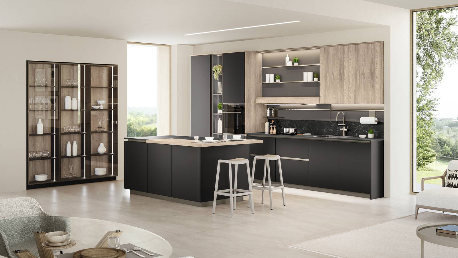 Una raffinata colorazione Nero Soft per le ante delle basi di Start-Time di Veneta Cucine, la composizione che si articola intorno all'isola centrale con un pratico piano snack aggettante in Rovere Coloniale Dek. La zona lavaggio e quella cottura trovano posto nella sezione lineare a parete; i pensili a sviluppo verticale in legno con venatura a vista sono accostati al pannello   Groove attrezzato con mensole e luci. La cappa Tape si integra perfettamente grazie al frontale in tinta con l'anta. Un modulo base da 60 cm, prezzo a partire da 248 euro. www.venetacucine.com Una raffinata colorazione Nero Soft per le ante delle basi di Start-Time di Veneta Cucine, la composizione che si articola intorno all'isola centrale con un pratico piano snack aggettante in Rovere Coloniale Dek. La zona lavaggio e quella cottura trovano posto nella sezione lineare a parete; i pensili a sviluppo verticale in legno con venatura a vista sono accostati al pannello   Groove attrezzato con mensole e luci. La cappa Tape si integra perfettamente grazie al frontale in tinta con l'anta. Un modulo base da 60 cm, prezzo a partire da 248 euro. www.venetacucine.com