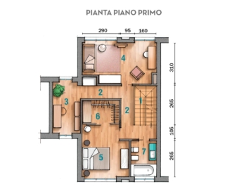 1 Scala 2 Corridoio 3 Studio 4 Camera 5 Camera matrimoniale
6 Cabina armadio 7 Bagno 1 Scala 2 Corridoio 3 Studio 4 Camera 5 Camera matrimoniale
6 Cabina armadio 7 Bagno